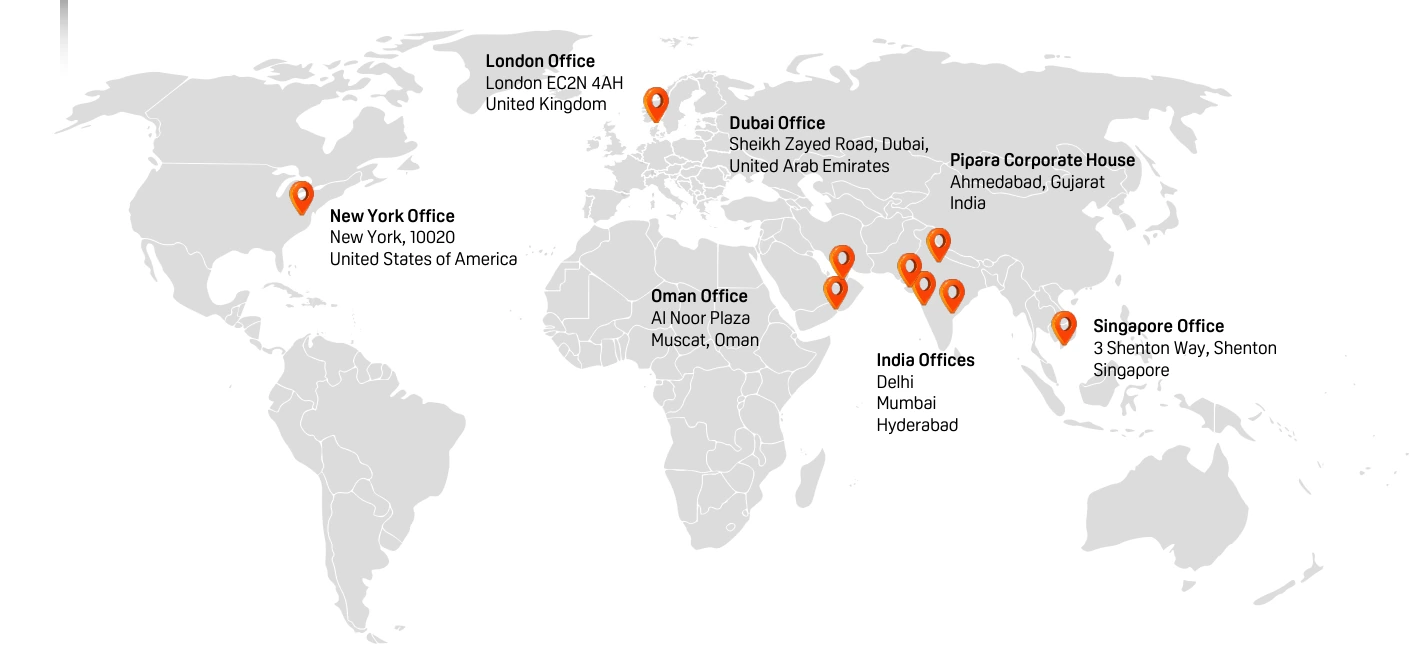World map marking the London, Dubai, New York, Oman, Singapore and India offices
