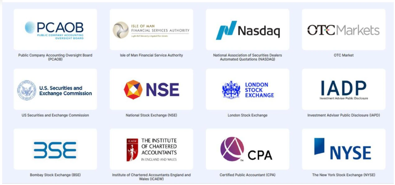 Public Company Accounting Oversight Board (PCAOB), Isle of Man Financial Services Authority, Nasdaq, OTC Markets, US Securities and Exchange Commission, National Stock Exchange (NSE), London Stock Exchange, Investment Adviser Public Disclosure (IAPD), Bombay Stock Exchange (BSE), Institute of Chartered Accountants in England and Wales (ICAEW), Certified Public Accountant (CPA), The New York Stock Exchange (NYSE)